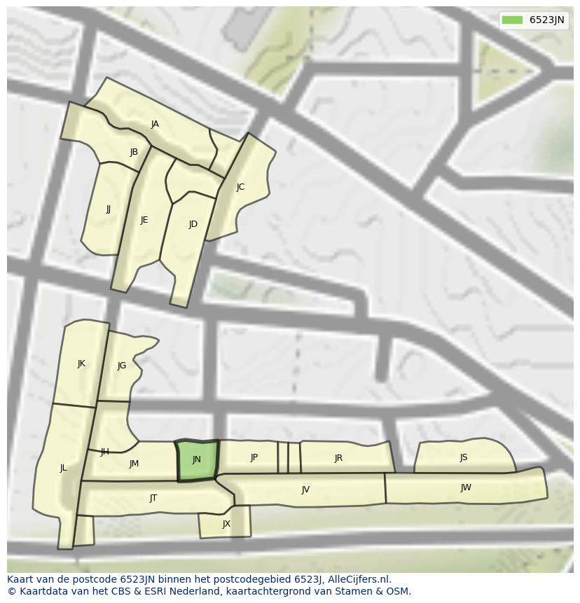 Afbeelding van het postcodegebied 6523 JN op de kaart.