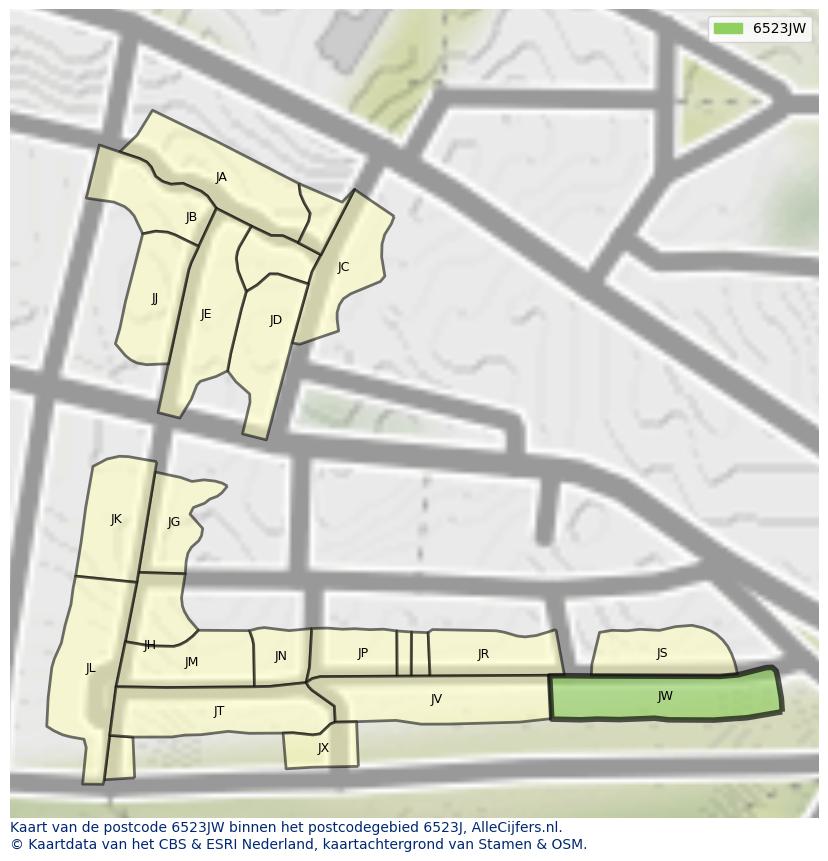 Afbeelding van het postcodegebied 6523 JW op de kaart.