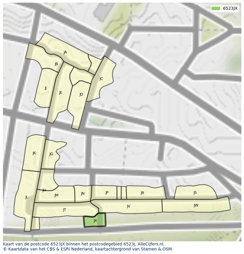 Afbeelding van het postcodegebied 6523 JX op de kaart.