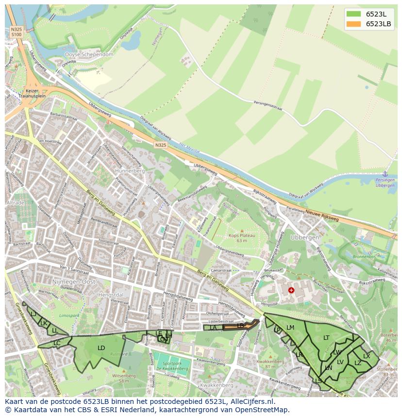 Afbeelding van het postcodegebied 6523 LB op de kaart.