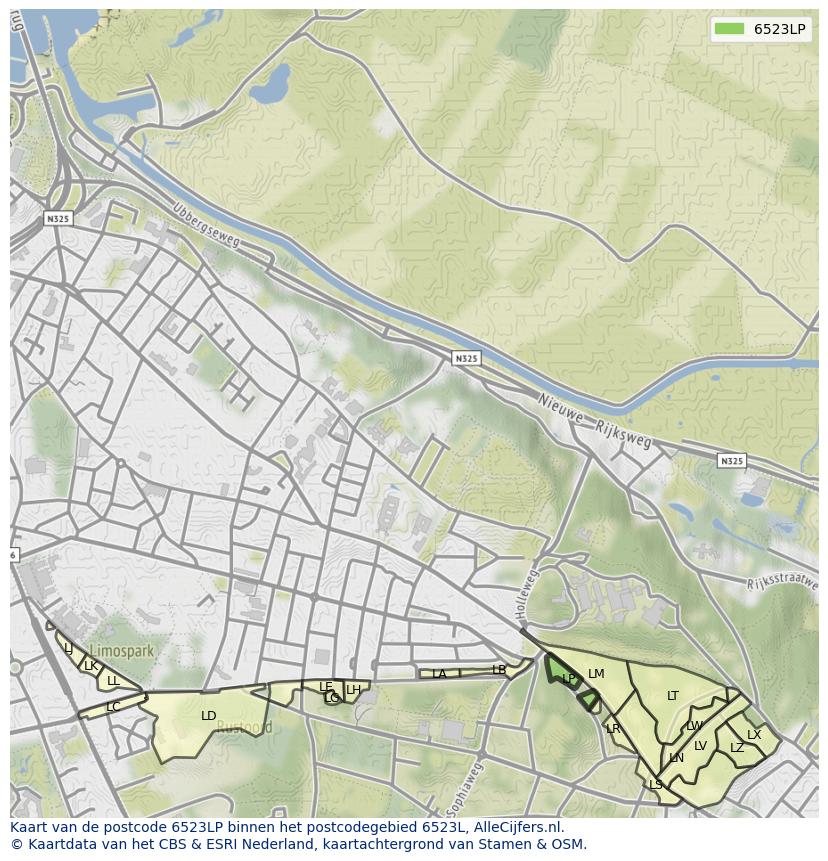 Afbeelding van het postcodegebied 6523 LP op de kaart.