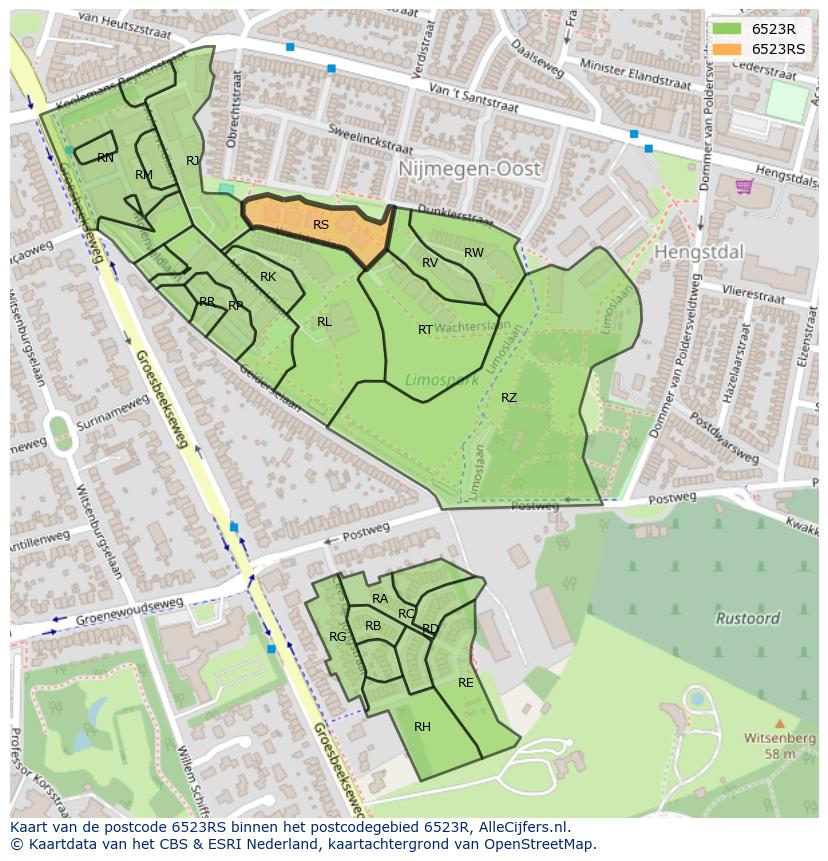 Afbeelding van het postcodegebied 6523 RS op de kaart.