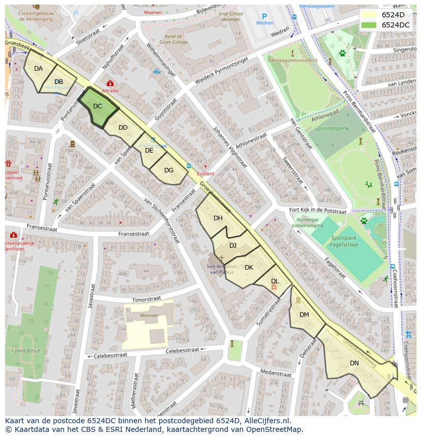 Afbeelding van het postcodegebied 6524 DC op de kaart.