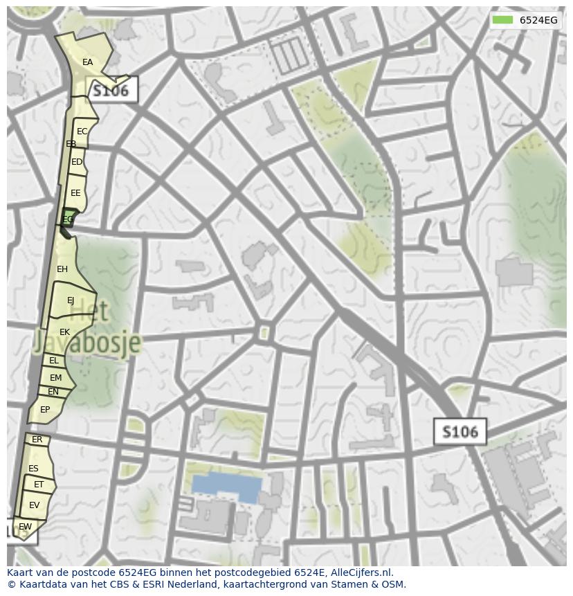 Afbeelding van het postcodegebied 6524 EG op de kaart.