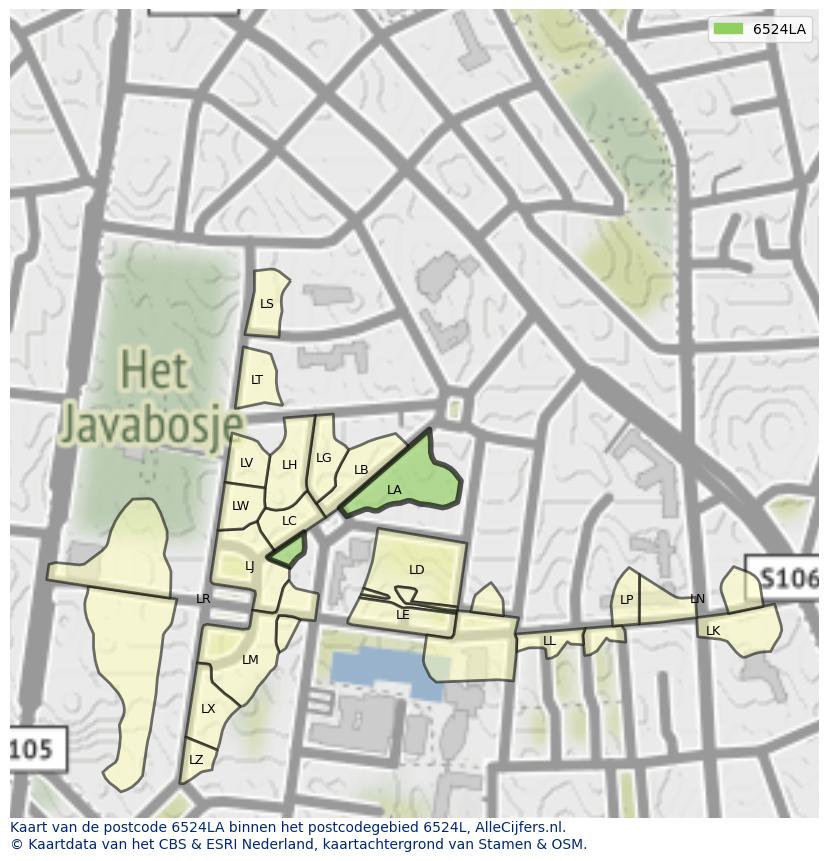 Afbeelding van het postcodegebied 6524 LA op de kaart.