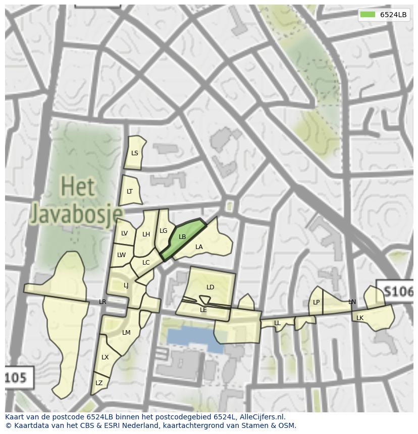 Afbeelding van het postcodegebied 6524 LB op de kaart.