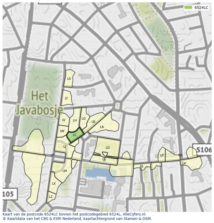 Afbeelding van het postcodegebied 6524 LC op de kaart.