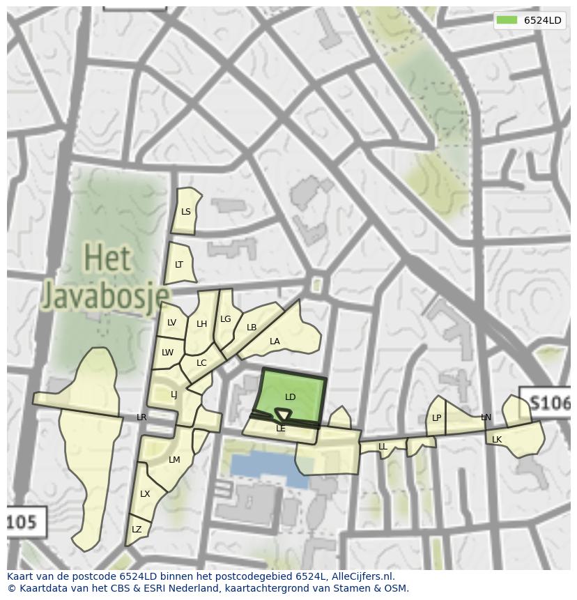 Afbeelding van het postcodegebied 6524 LD op de kaart.