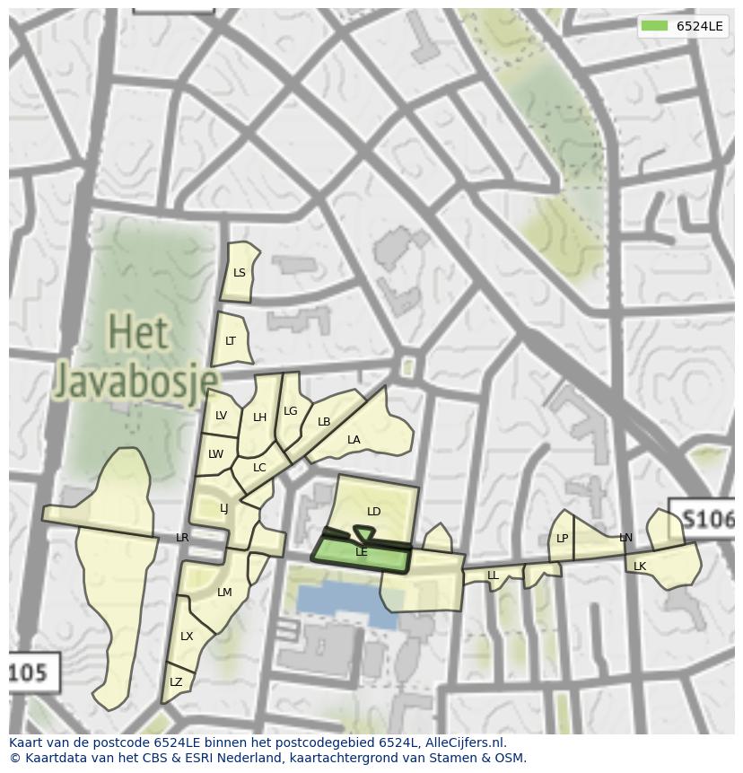 Afbeelding van het postcodegebied 6524 LE op de kaart.