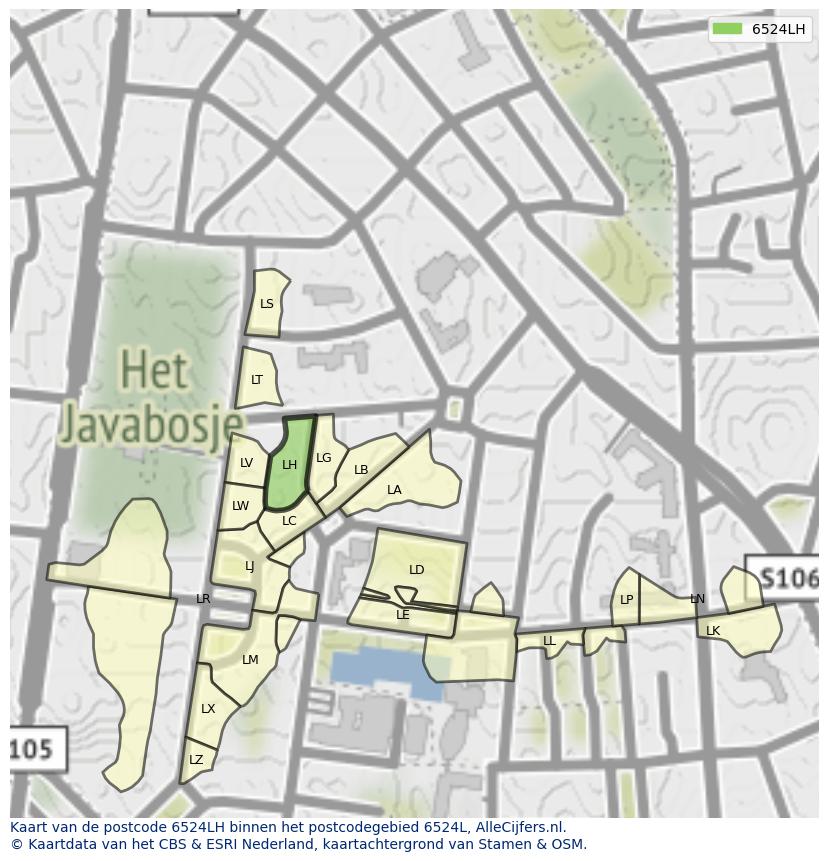 Afbeelding van het postcodegebied 6524 LH op de kaart.