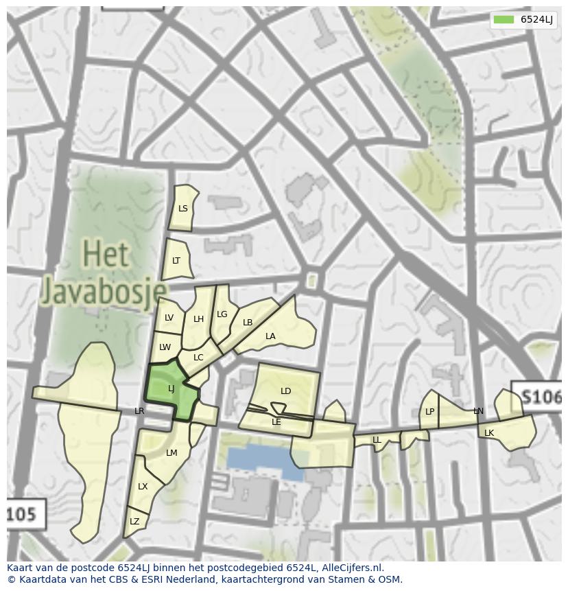 Afbeelding van het postcodegebied 6524 LJ op de kaart.