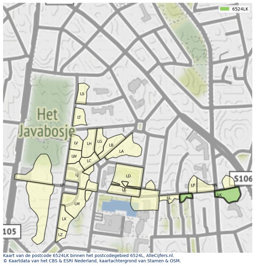 Afbeelding van het postcodegebied 6524 LK op de kaart.