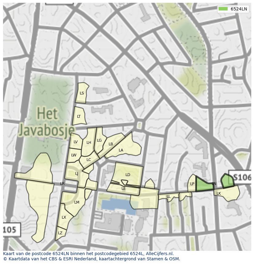 Afbeelding van het postcodegebied 6524 LN op de kaart.