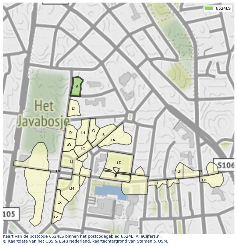 Afbeelding van het postcodegebied 6524 LS op de kaart.