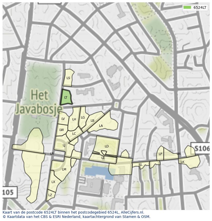 Afbeelding van het postcodegebied 6524 LT op de kaart.