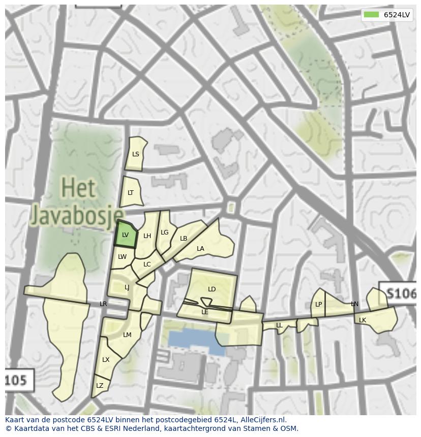 Afbeelding van het postcodegebied 6524 LV op de kaart.