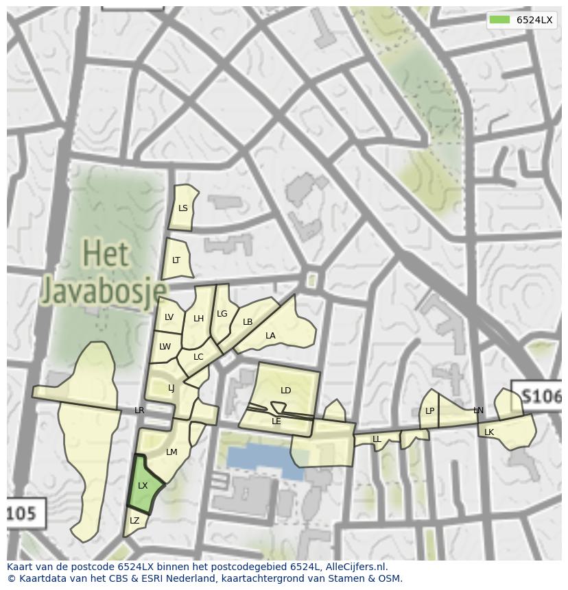 Afbeelding van het postcodegebied 6524 LX op de kaart.