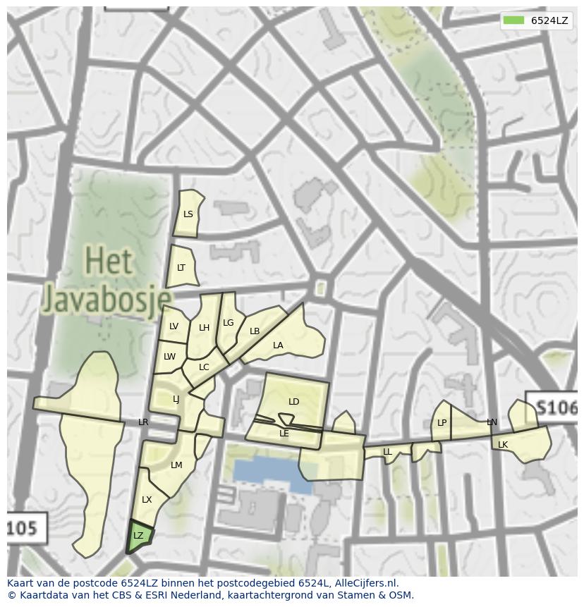 Afbeelding van het postcodegebied 6524 LZ op de kaart.