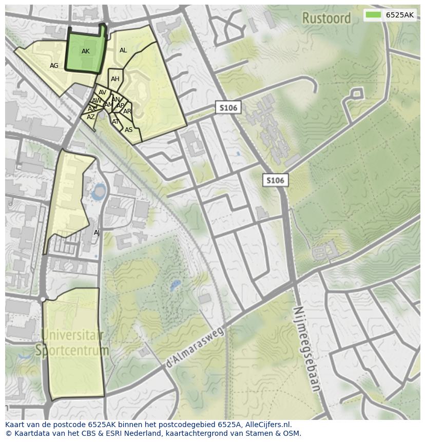 Afbeelding van het postcodegebied 6525 AK op de kaart.
