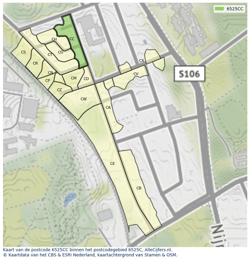 Afbeelding van het postcodegebied 6525 CC op de kaart.