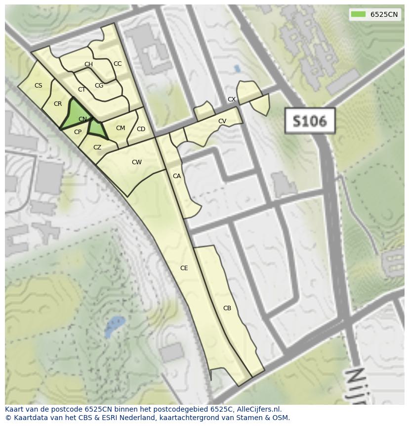 Afbeelding van het postcodegebied 6525 CN op de kaart.