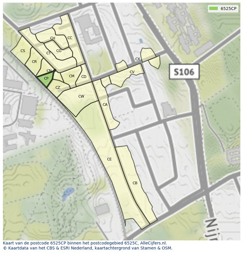 Afbeelding van het postcodegebied 6525 CP op de kaart.