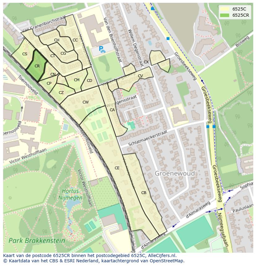 Afbeelding van het postcodegebied 6525 CR op de kaart.