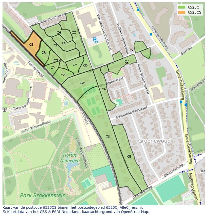 Afbeelding van het postcodegebied 6525 CS op de kaart.