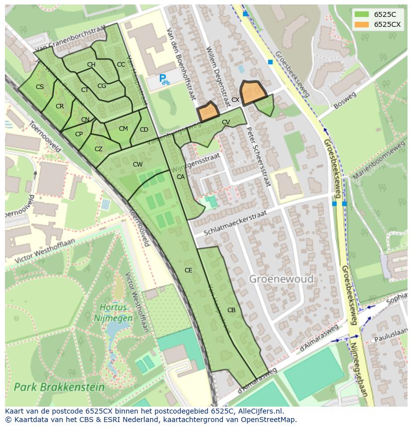 Afbeelding van het postcodegebied 6525 CX op de kaart.