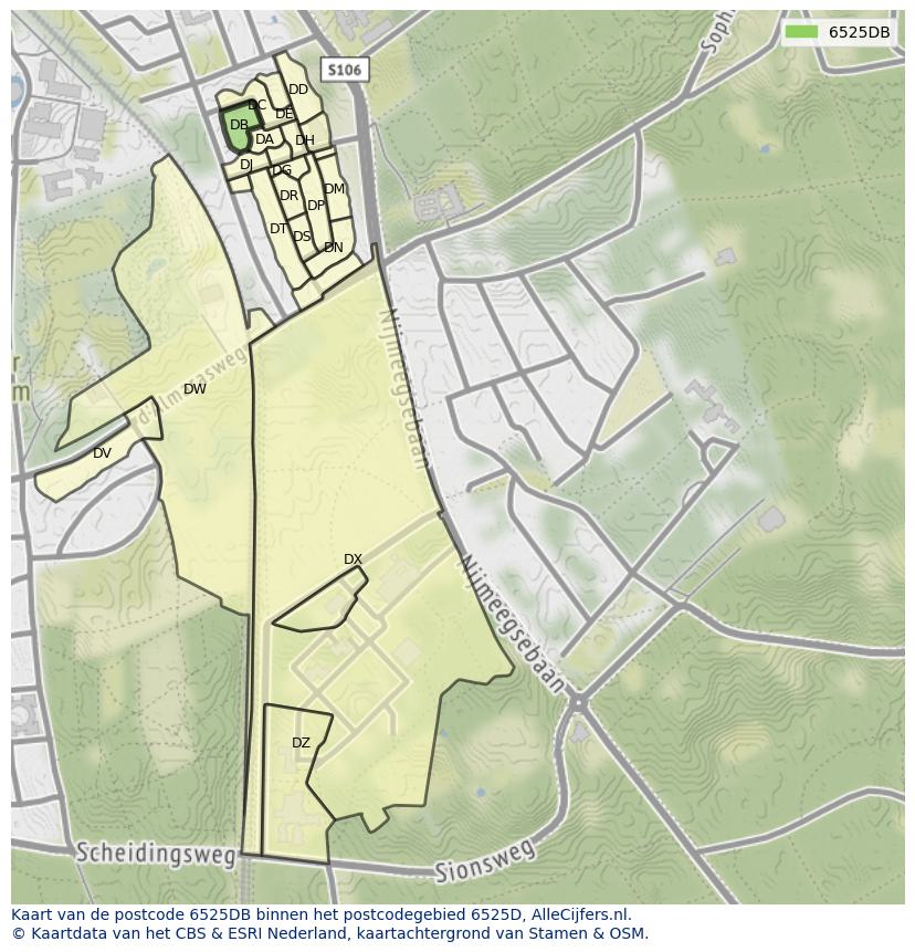 Afbeelding van het postcodegebied 6525 DB op de kaart.