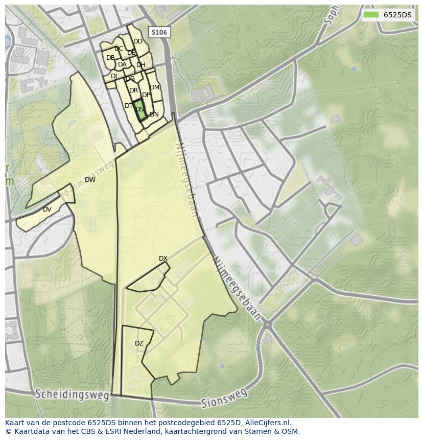 Afbeelding van het postcodegebied 6525 DS op de kaart.