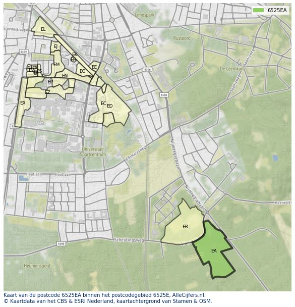 Afbeelding van het postcodegebied 6525 EA op de kaart.