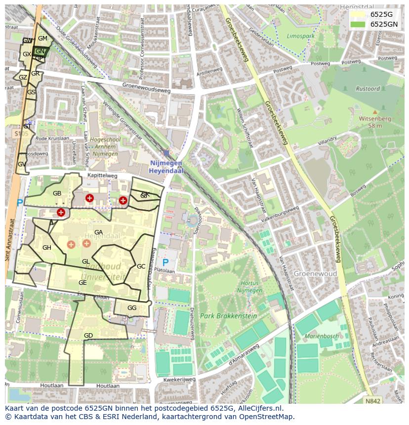 Afbeelding van het postcodegebied 6525 GN op de kaart.