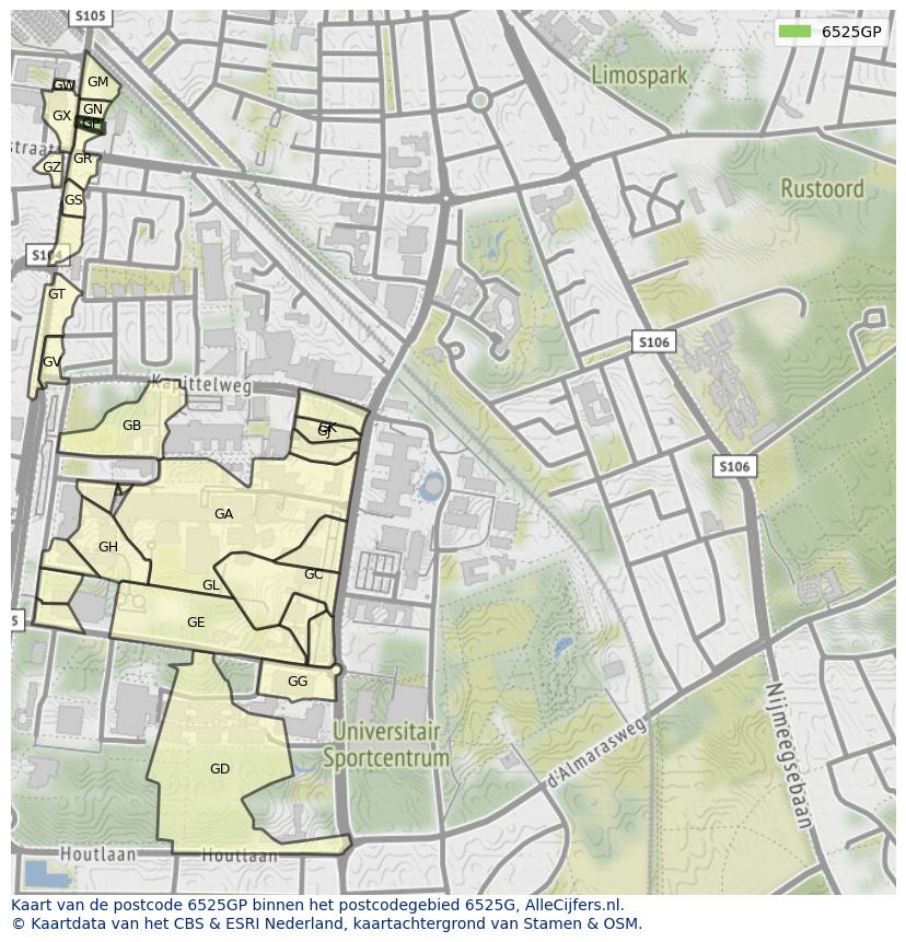 Afbeelding van het postcodegebied 6525 GP op de kaart.