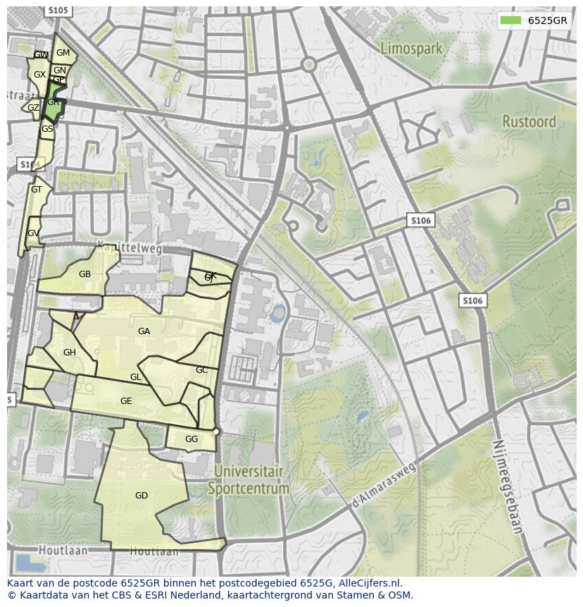 Afbeelding van het postcodegebied 6525 GR op de kaart.