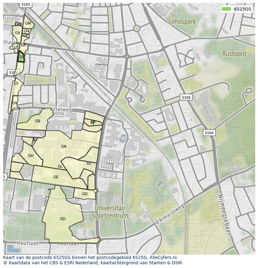 Afbeelding van het postcodegebied 6525 GS op de kaart.