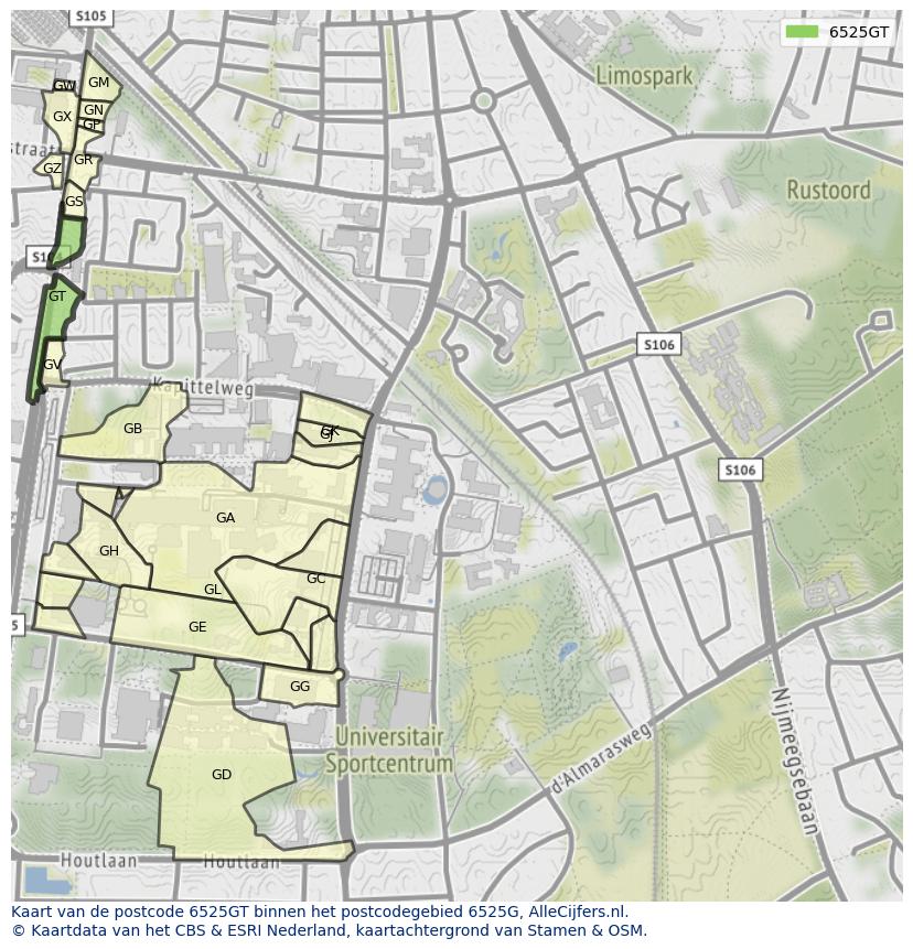 Afbeelding van het postcodegebied 6525 GT op de kaart.