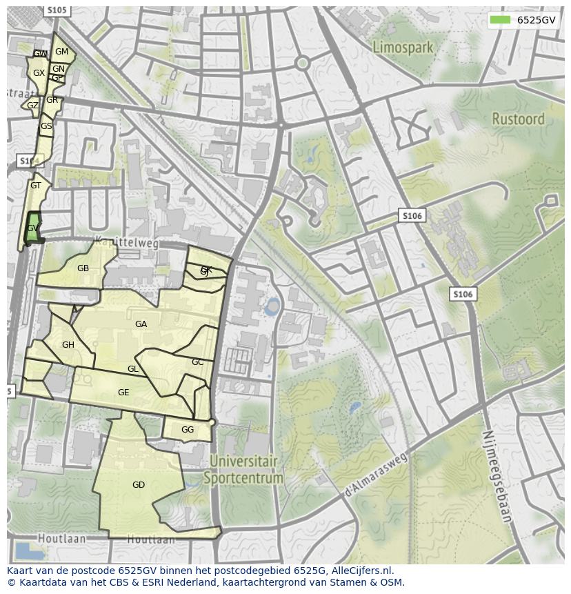 Afbeelding van het postcodegebied 6525 GV op de kaart.
