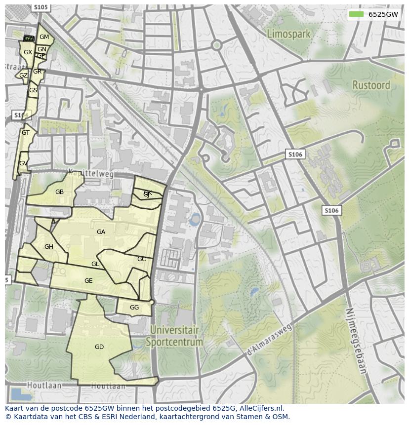 Afbeelding van het postcodegebied 6525 GW op de kaart.