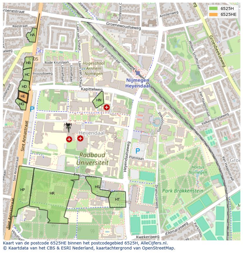 Afbeelding van het postcodegebied 6525 HE op de kaart.