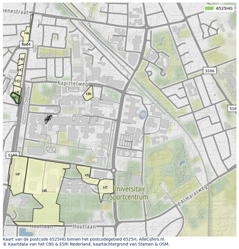 Afbeelding van het postcodegebied 6525 HG op de kaart.