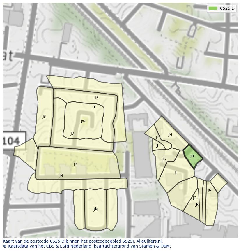 Afbeelding van het postcodegebied 6525 JD op de kaart.