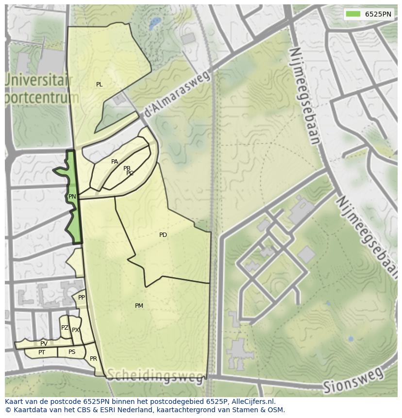 Afbeelding van het postcodegebied 6525 PN op de kaart.