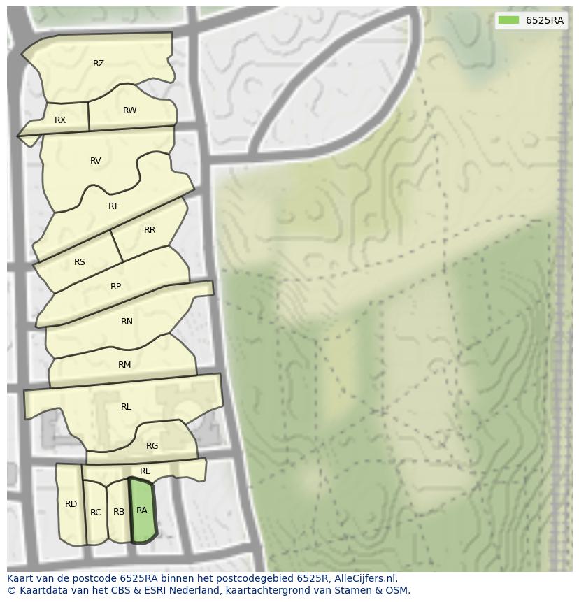Afbeelding van het postcodegebied 6525 RA op de kaart.