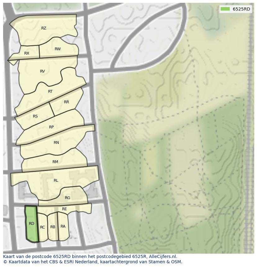 Afbeelding van het postcodegebied 6525 RD op de kaart.