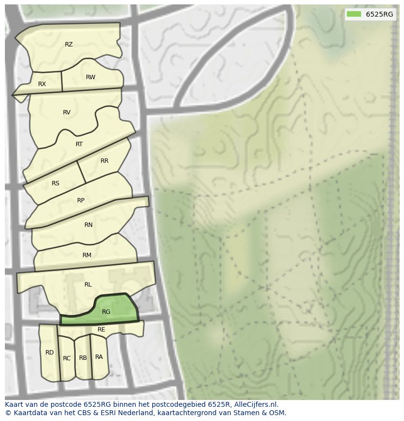 Afbeelding van het postcodegebied 6525 RG op de kaart.