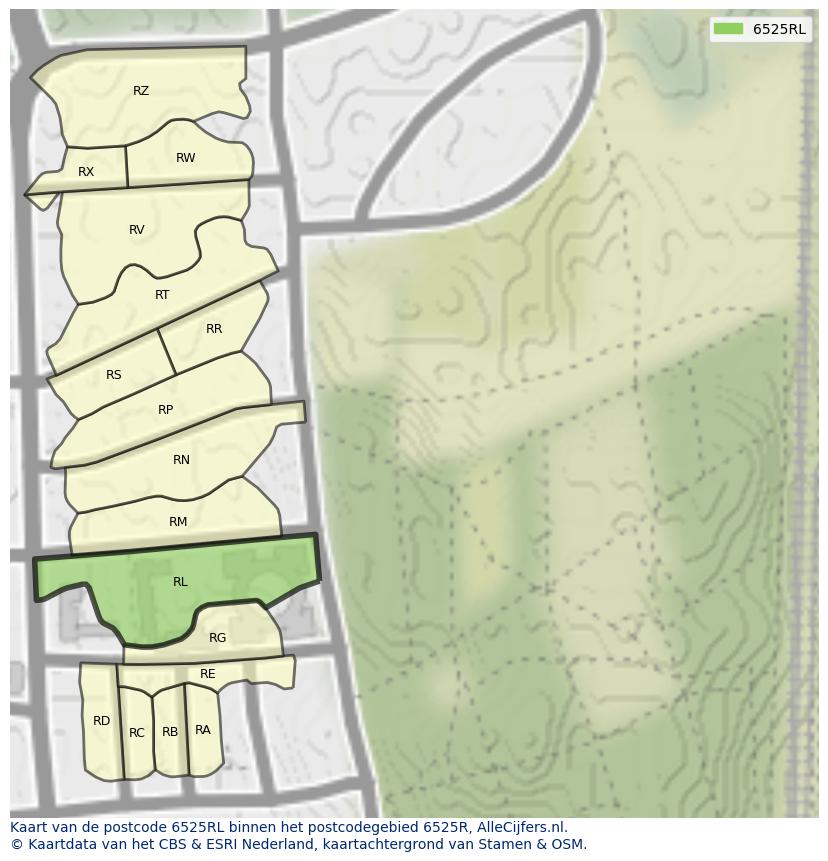 Afbeelding van het postcodegebied 6525 RL op de kaart.