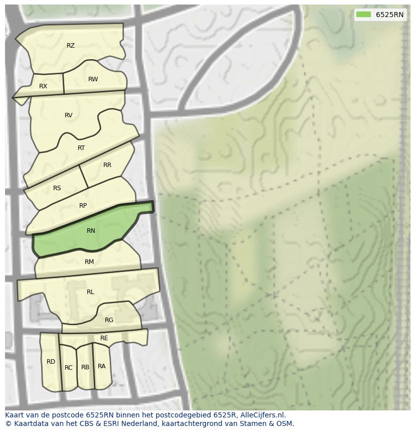 Afbeelding van het postcodegebied 6525 RN op de kaart.