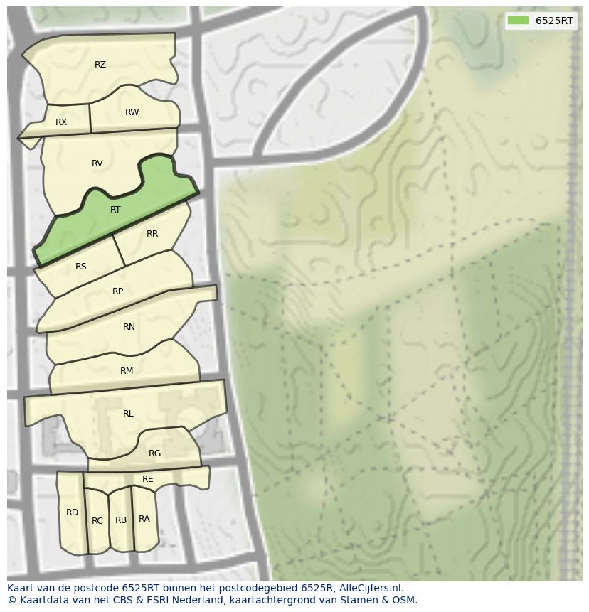 Afbeelding van het postcodegebied 6525 RT op de kaart.