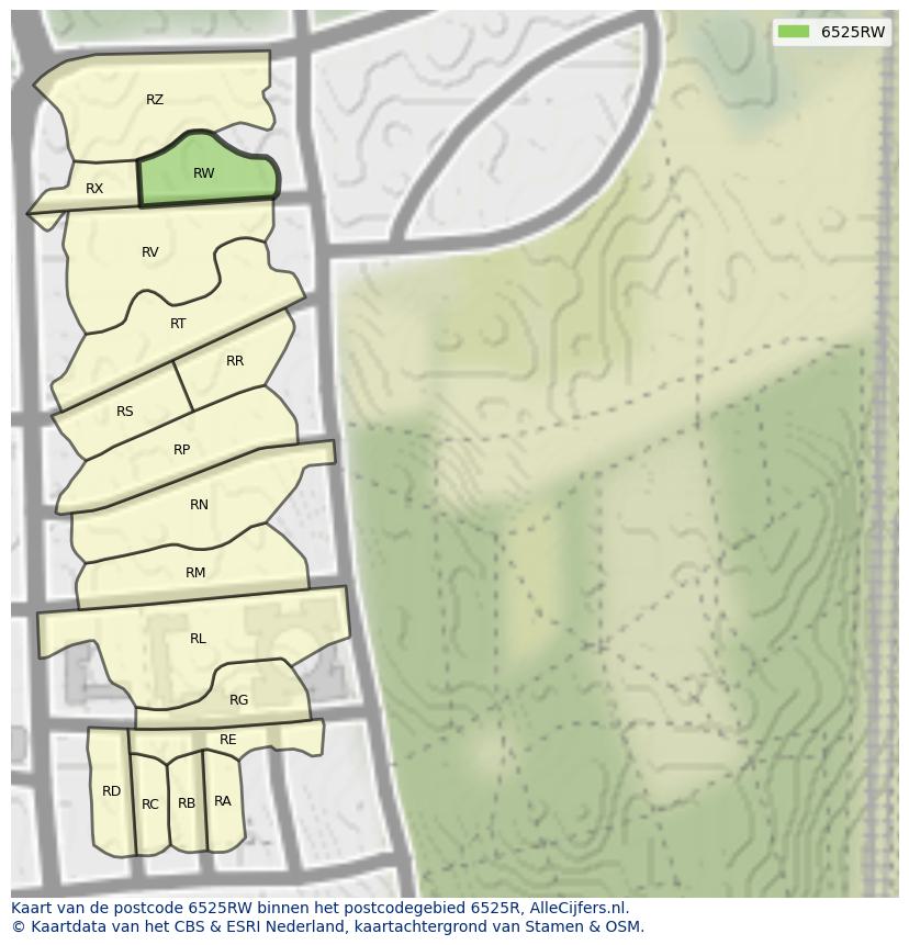 Afbeelding van het postcodegebied 6525 RW op de kaart.